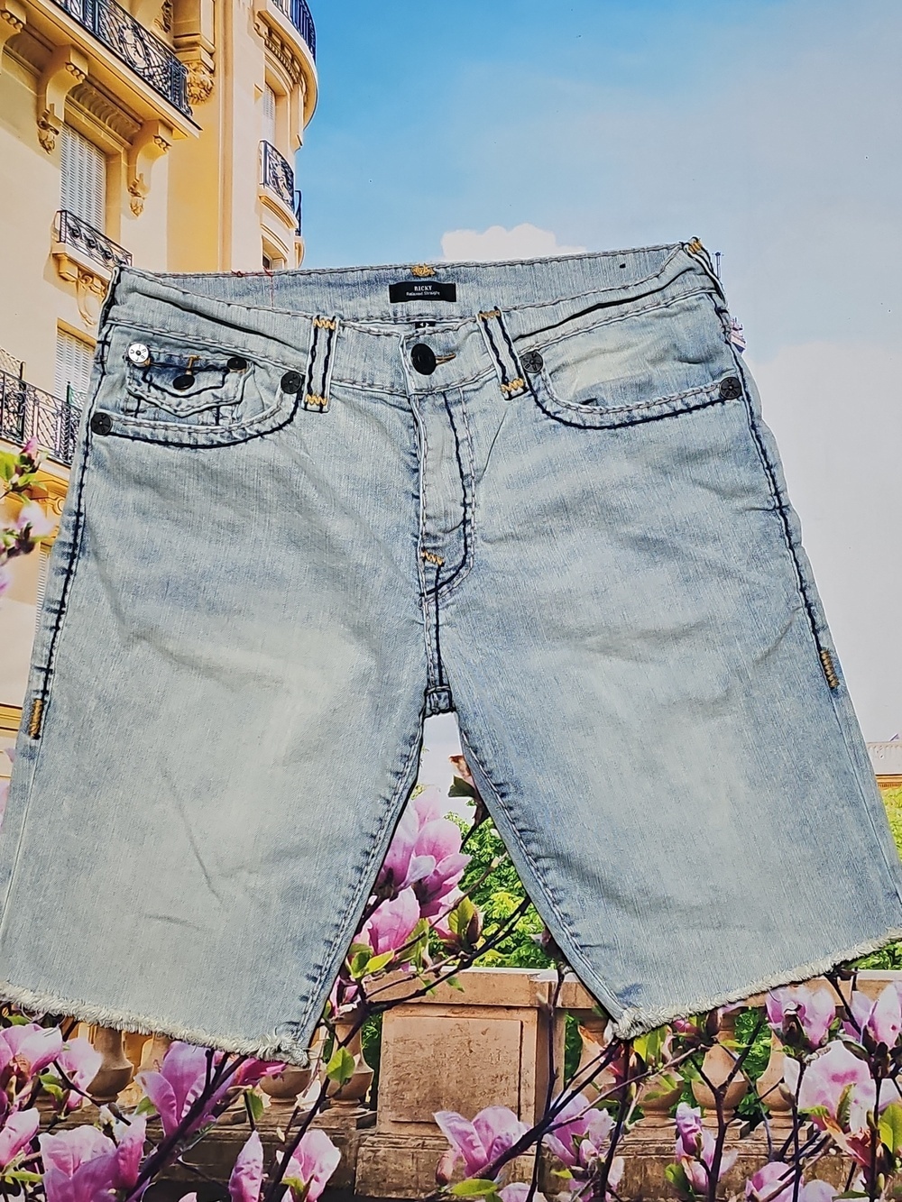True Religion Acid Wash Ricky Relaxed Raw Hem Shorts Size 36